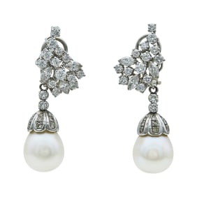 Platinum Freshwater Pearl and Diamond Cluster Drop Earrings