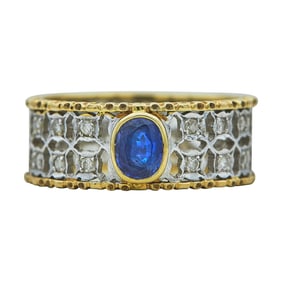 18K White and Yellow Gold Oval-Cut Sapphire and Diamond Openwork Band Ring