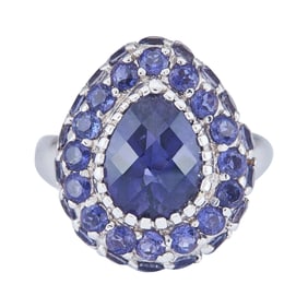 18K White Gold Pear-Shaped Iolite Tiered Halo Ring