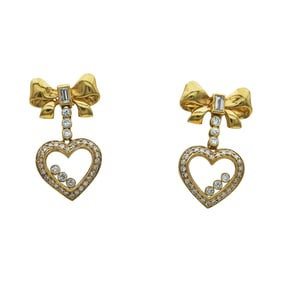 18K Yellow Gold Floating Diamond Heart Bow Drop Earrings