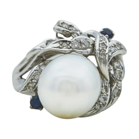 18K White Gold Freshwater Pearl, Sapphire and Diamond Ring