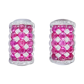 18K White Gold Ruby Cabochon and Diamond Half-Hoop Earrings