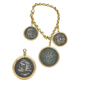 18K Yellow Gold Ancient Style Silver Coin Charm Bracelet