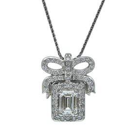 18K White Gold Emerald-Cut Diamond Bow Pendant and 14K White Gold Chain