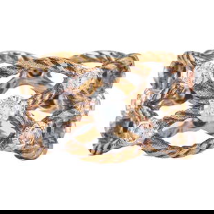 Gian Maria Buccellati 18K Yellow and White Gold Diamond Openwork Woven Band Ring: BRAND: Buccellati; METAL: 18K Yellow Gold, 18K White Gold; APPROXIMATE TOTAL DIAMOND WEIGHT: 0.45 ctw; STAMPED: Gian Maria Buccellati, Italy, 18K; CONDITION: Pre-owned, Good; ITEM WEIGHT (GRAMS): 4.86