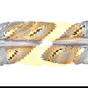 Buccellati 18K White and Yellow Gold Leaf Open Band Ring: BRAND: Buccellati; METAL: 18K White Gold, 18K Yellow Gold; STAMPED: Buccellati, Italy, 18K, M5854; CONDITION: Pre-owned, Very Good; ITEM WEIGHT (GRAMS): 7.71 g; MEASUREMENTS: Ring size 6 1/2