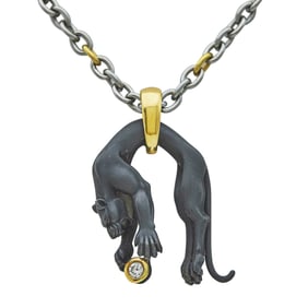 Carrera Y Carrera 18K Yellow Gold and Steel Diamond Panther Pendant Necklace