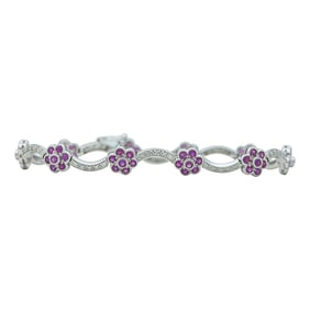 18K White Gold Ruby and Diamond Flower Cluster Bracelet