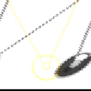 Cartier Amulette 18K Rose Gold Black Onyx and Diamond Pendant Necklace: BRAND: Cartier; COLLECTION: Amulette; METAL: 18K Rose Gold; APPROXIMATE TOTAL DIAMOND WEIGHT: 0.03 ctw; GEMSTONES: Black Onyx; STAMPED: Cartier, Au750, numbered, maker's mark; CONDITION: Pre-owned, Ve