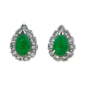 10K White Gold Jade and Diamond Halo Cluster Stud Earrings