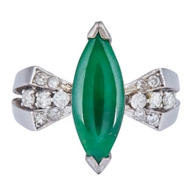 18K White Gold Marquise-Cut Jade and Single-Cut Diamond Ring