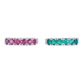 Set of 2 14K White Gold 6 Stone Ruby and Emerald Band Rings