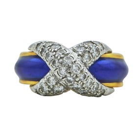 Tiffany & Co. Jean Schlumberger 18K Yellow Gold and Platinum Blue Enamel and Diamond X Ring