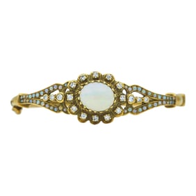 Vintage 14K Yellow Gold Opal and Single-Cut Diamond Hinged Bangle Bracelet