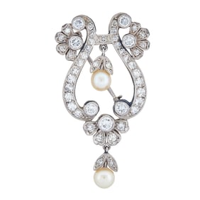 Platinum Diamond and Akoya Pearl Lyre-Shaped Brooch Pin