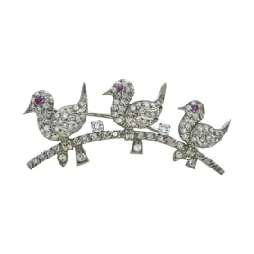 Platinum Diamond and Ruby Three Birds on a Branch Brooch Pin
