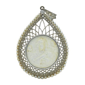 18K Yellow Gold and Platinum Mother-of-Pearl, Diamond and Seed Pearl Classical Portrait Pendant