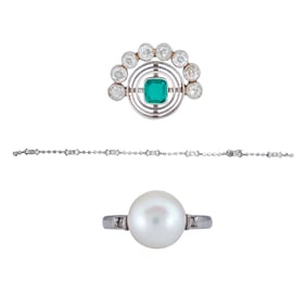Lot of Platinum Diamond, Emerald and Akoya Pearl Jewelry