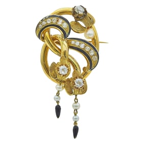 Vintage 18K Yellow Gold Old Mine-Cut Diamond, Akoya Pearl and Enamel Brooch Pin