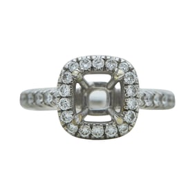 18K White Gold Diamond Halo Cushion-Cut Engagement Ring Setting