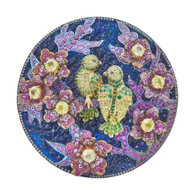Nisan Art Jewelry 18K Yellow Gold and Titanium Multi Gem-Set  Bird and Flower Three Dimensional Disc