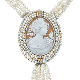 18K Yellow and White Gold Cameo, Akoya  Pearl and Diamond Convertible Pendant Necklace and Brooch