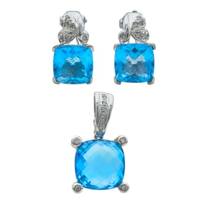 14K White Gold Blue Topaz and Diamond  Pendant and Butterfly Earrings