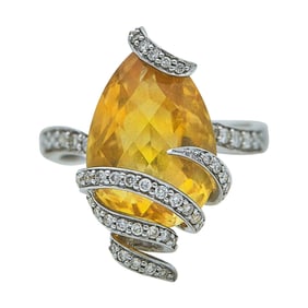 18K White Gold Diamond Wrapped Faceted Citrine Ring