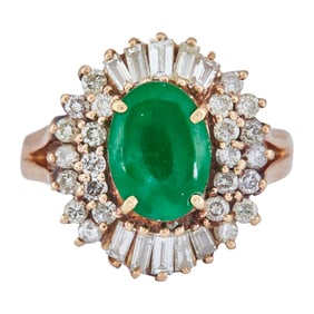 14K Yellow Gold Jade and Mixed-Cut Diamond Halo Cluster Ring