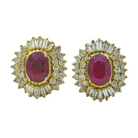 14K Yellow Gold Oval-Cut Ruby and Mixed-Cut Diamond Stud Earrings