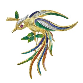 18K Yellow Gold Ruby, Diamond and Multicolored Enamel Perched Bird Brooch Pin