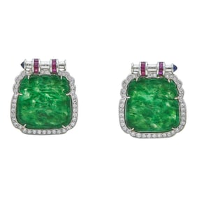 18K White Gold Carved Jade, Ruby, Diamond and Sapphire Earrings