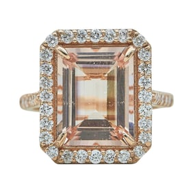 14K Rose Gold Emerald-Cut Peach Morganite and Diamond Halo Ring