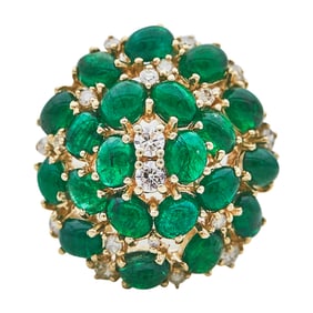 14K Yellow Gold Emerald Cabochon and Diamond Cluster Ring