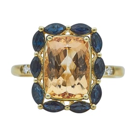 14K Yellow Gold 4.08 carat Imperial Topaz, Sapphire Halo and Diamond Ring