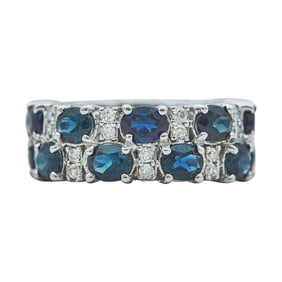14K White Gold Sapphire and Diamond 2 Row Band Ring