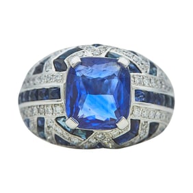 18K White Gold Cushion-Cut 5.32 carat Sapphire and Diamond Dome Ring