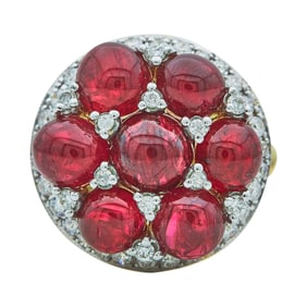 18K Yellow Gold Red Spinel Cabochon and Diamond Cluster Ring