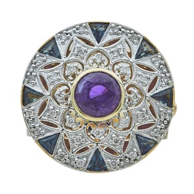 14K Yellow Gold Round-Cut Pink Sapphire, Sapphire and Diamond Openwork Design Ring