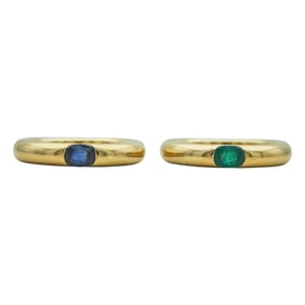 Set of 2 Vintage 1992 Cartier Ellipse 18K Yellow Gold Sapphire and Emerald Rings