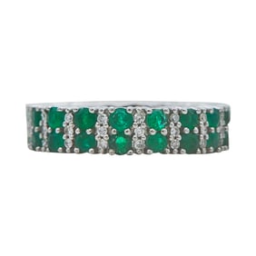 Platinum Emerald and Diamond Two Row Eternity Band Ring
