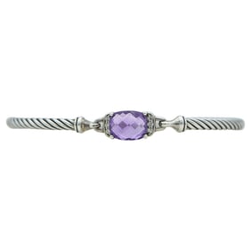 David Yurman Wheaton Sterling Silver Amethyst and Diamond Flexible Bangle Bracelet