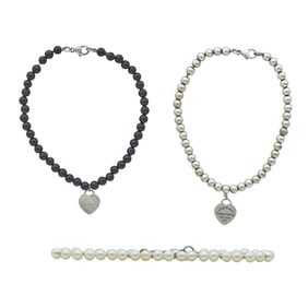 Lot of 3 Tiffany & Co. Sterling Silver Bracelets in Beaded Black Onyx, Freshwater Pearl and Silver