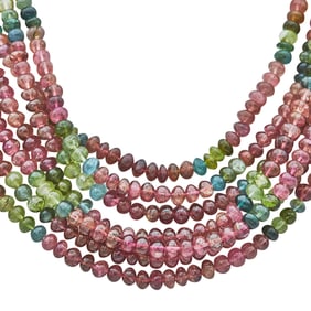 Multicolored Tourmaline Multi Strand Beaded Necklace with 14K Yellow Gold Clasp