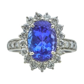 14K White Gold 4.15 carat Tanzanite and Diamond Halo Cluster Ring