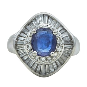 Platinum Sapphire and Round and Baguette-Cut Diamond Ring