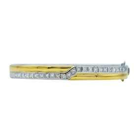 18K White and Yellow Gold Princess-Cut Diamond Crossover Hinged Bangle Bracelet