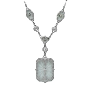 14K White Gold Filigree Carved Rock Crystal and Diamond Necklace