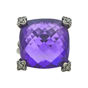 David Yurman On Point Sterling Silver Cushion-Cut Amethyst and Diamond Ring