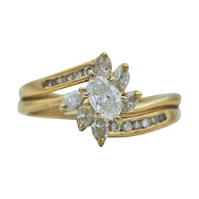 14K Yellow Gold Marquise and Round-Cut Diamond Cluster Bypass Ring